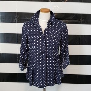 100% Linen Botton Down Shirt Blue & White Polka